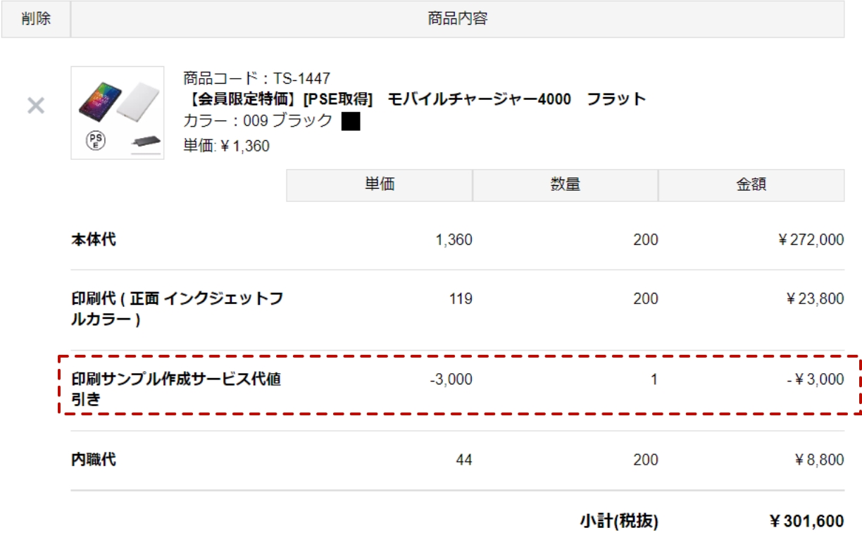 「印刷サンプル作成サービス代値引き」で初回サービス料が値引きされます。