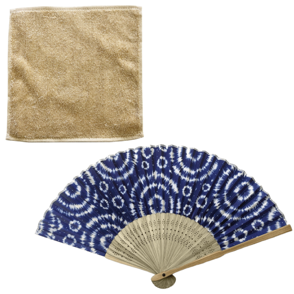 涼風セット　扇子＆抗菌タオルハンカチ　藍色染しぼり